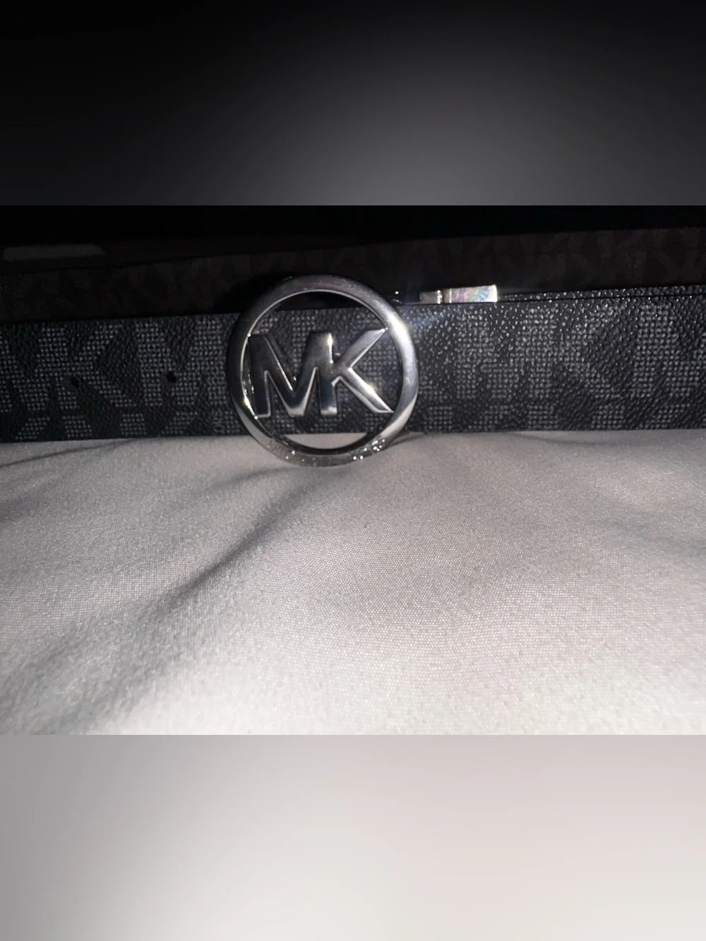 Michael Kors Black Signature Logo Belt with Silver MK Round Buckle
